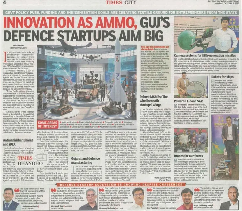 Times of India coverage: Gujarat defence startups feature including AiRotor